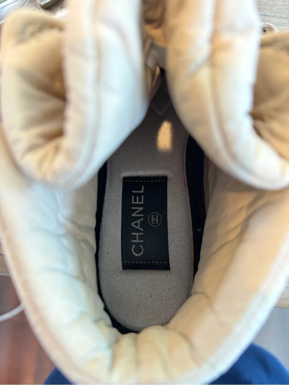 CHANEL Taupe Quilted High-Top Sneakers